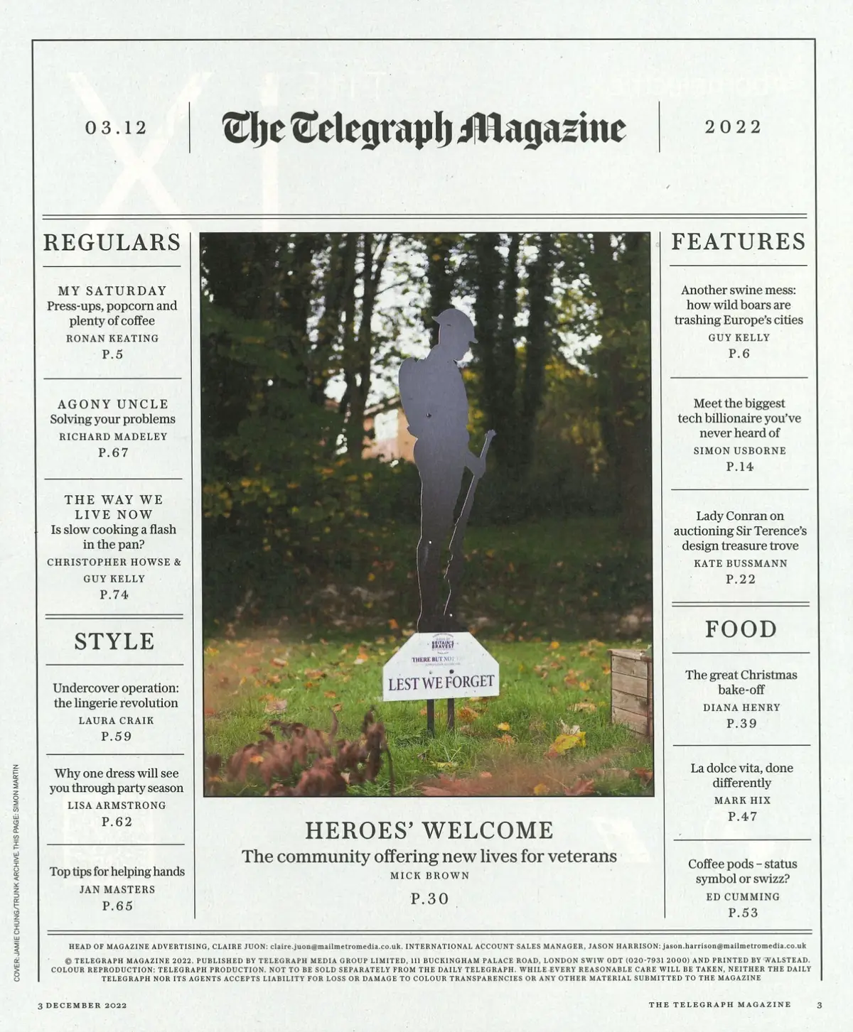 Telegraph Magazine Wild Boars, Ronan Keating, Richard Madeley, Christmas 3.12.22 - image 2 | Free standard UK delivery included | Discount Quality Products