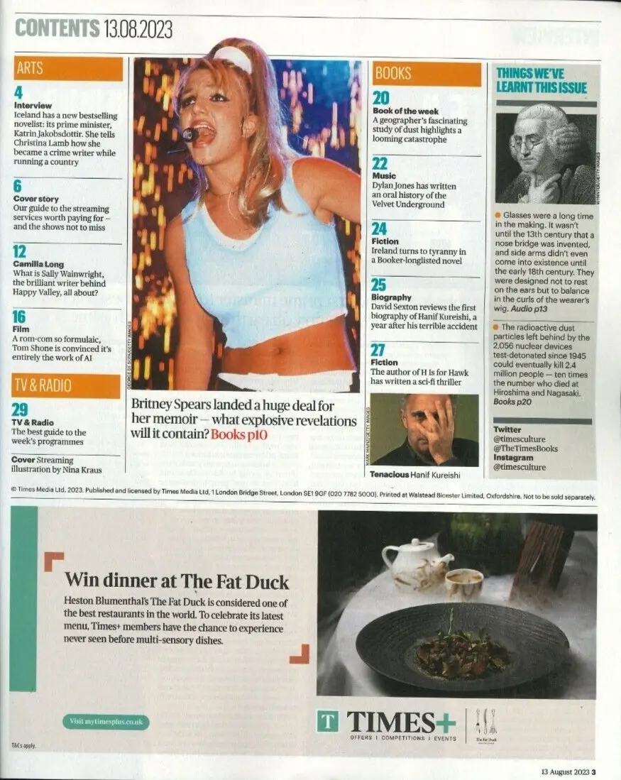 Sunday Times Culture Magazine, Camilla Long, Tom Shone, Britney Spears, 13.8.23 - image 2 | Free standard UK delivery included | Discount Quality Products