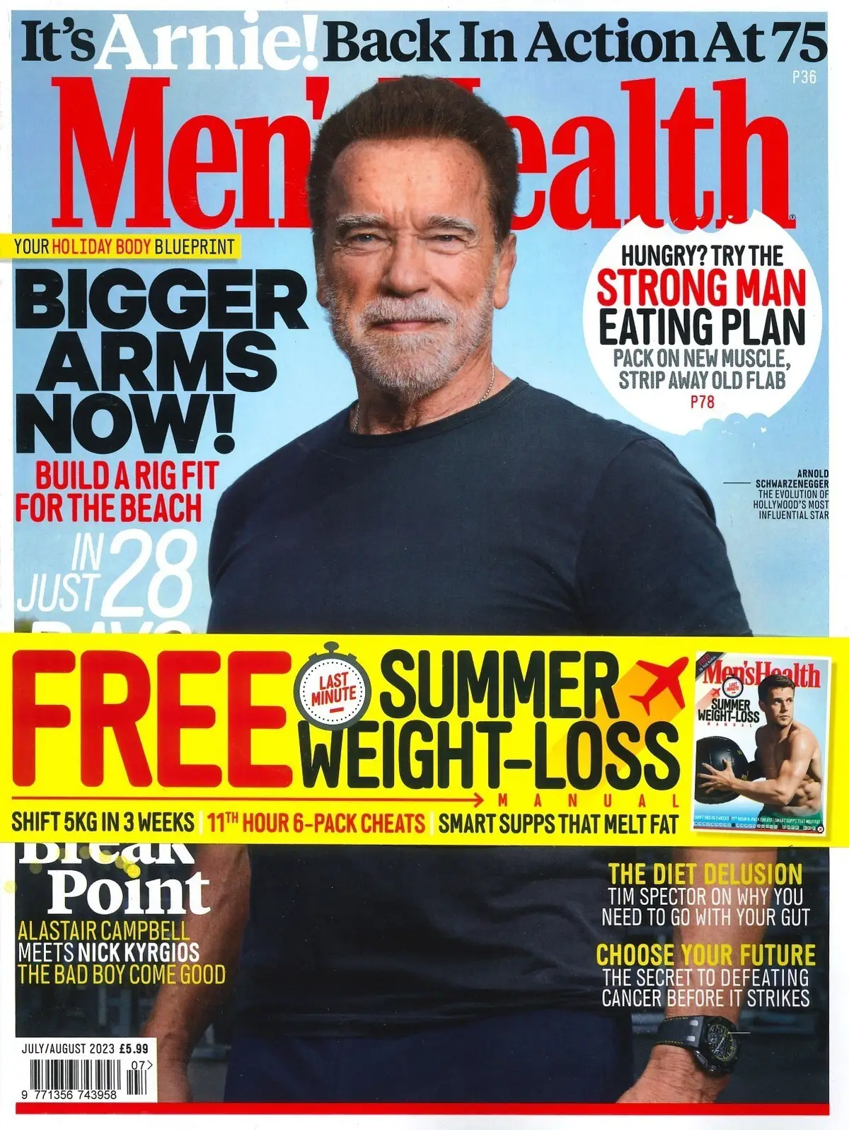 Men's Health Magazine, Arnold, Nick Kyrgios, Weight-Loss Manual, July/Aug 2023