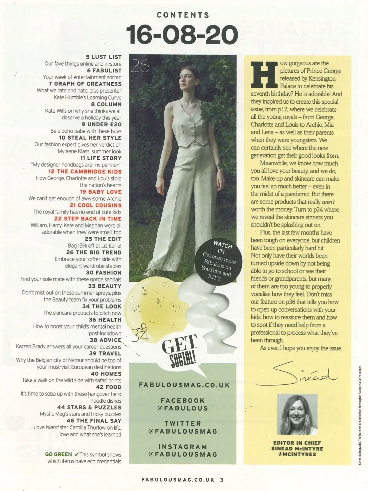 Fabulous Magazine, Prince George, Kate Humble, Camilla Thurlow, Fashion, 16.8.20 - image 2 | Free standard UK delivery included | Discount Quality Products