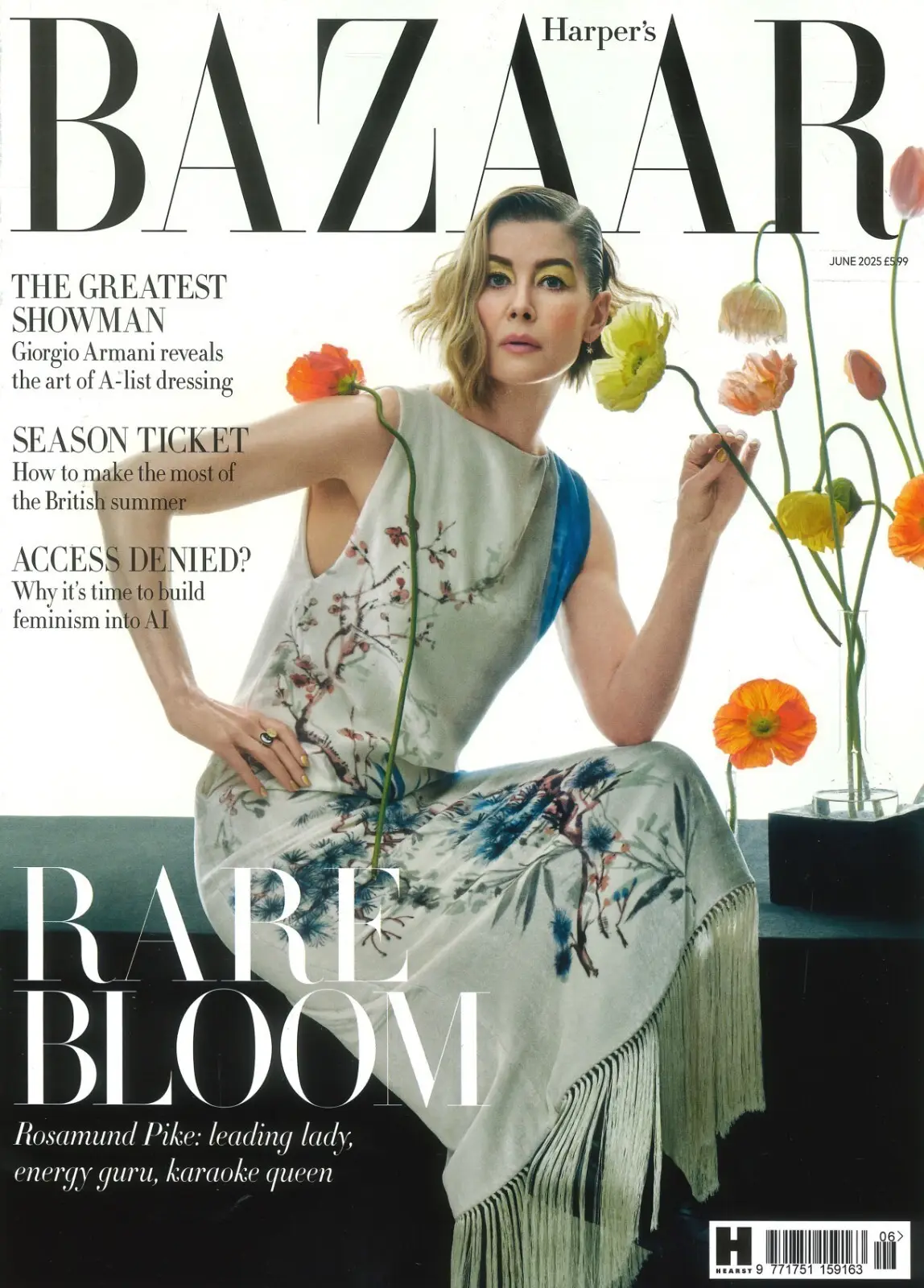 Harper's Bazaar Magazine Rosamund Pike, Giorgio Armani, Summer Fashion June 2025