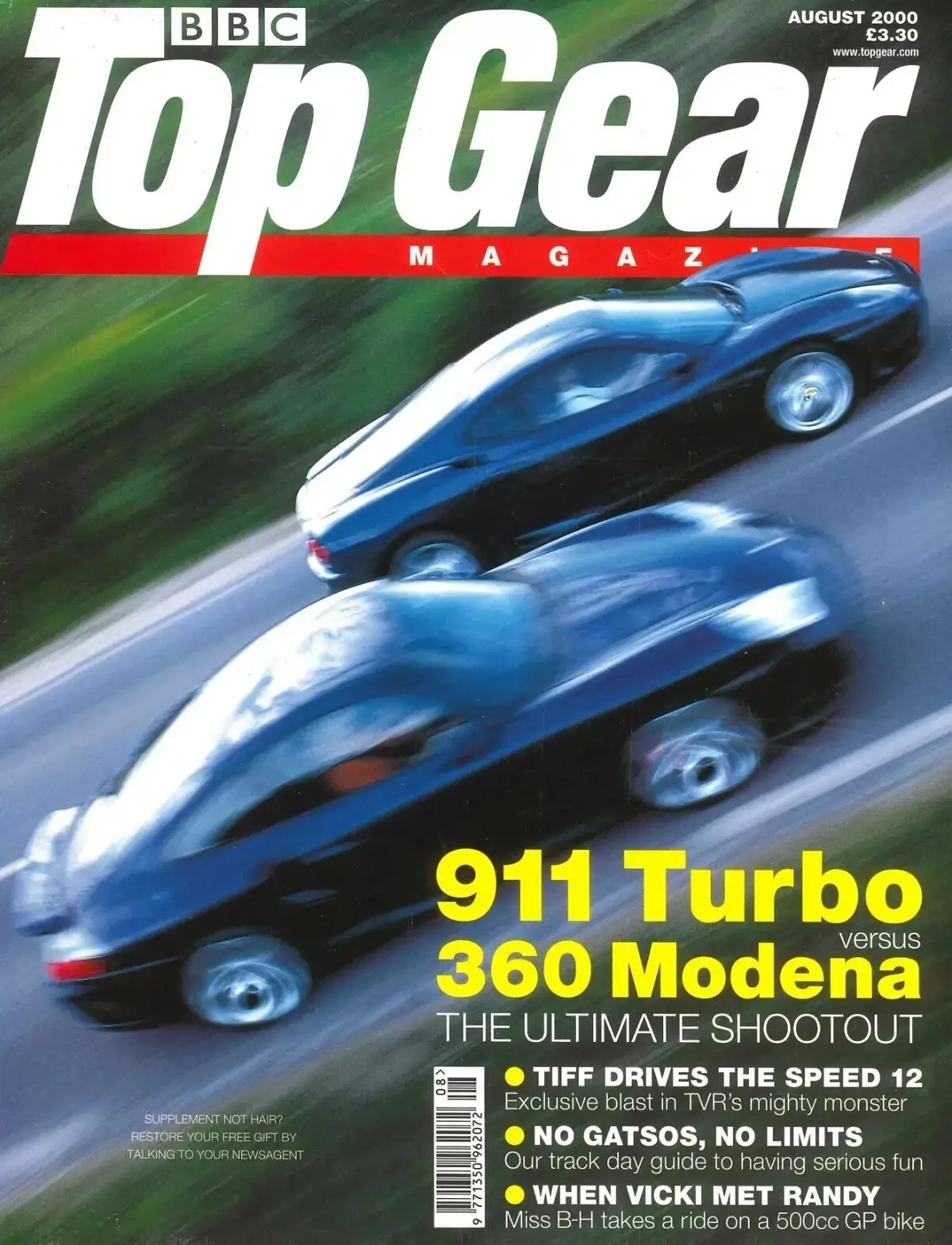 BBC Top Gear Magazine Issue #83, Porsche 911 Turbo, Ferrari 360, Lotus, Aug 2000