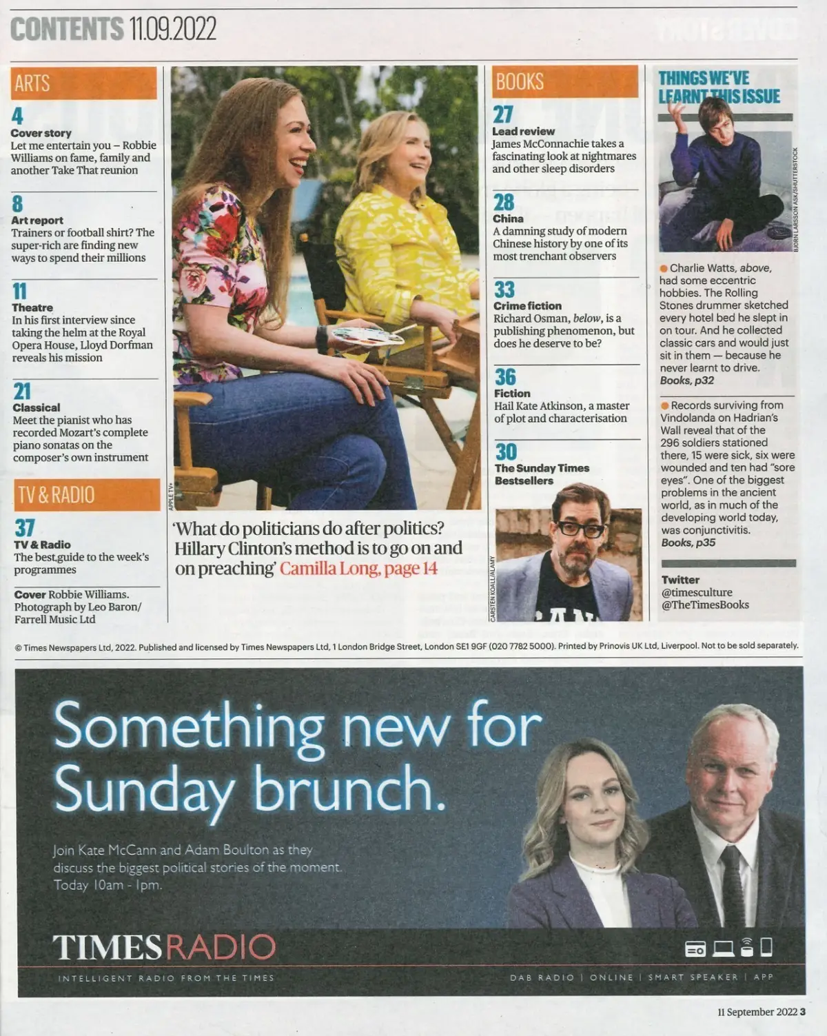 Sunday Times Culture Magazine, Robbie Williams, Hillary Clinton, R.Osman 11.9.22 - image 2 | Free standard UK delivery included | Discount Quality Products