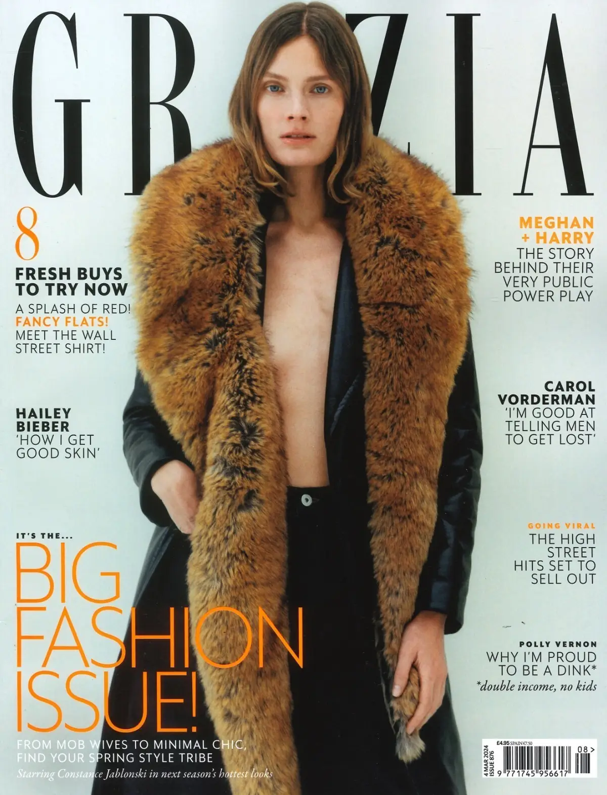 Grazia Magazine: Constance Jablonski, Harry &amp; Meghan, Carol Vorderman, 4.3.24
