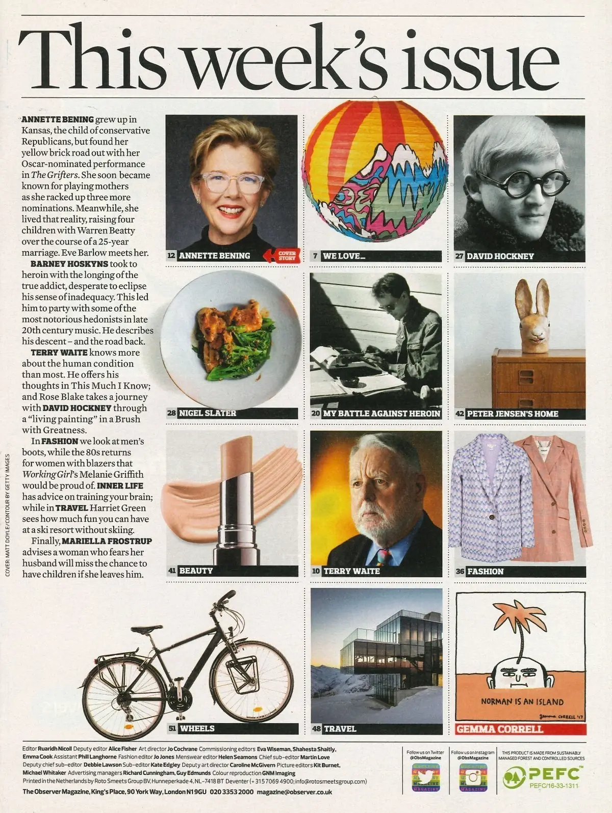 Observer Magazine, Annette Bening, David Hockney, Mariella Frostrup, 5.2.17 - image 2 | Free standard UK delivery included | Discount Quality Products