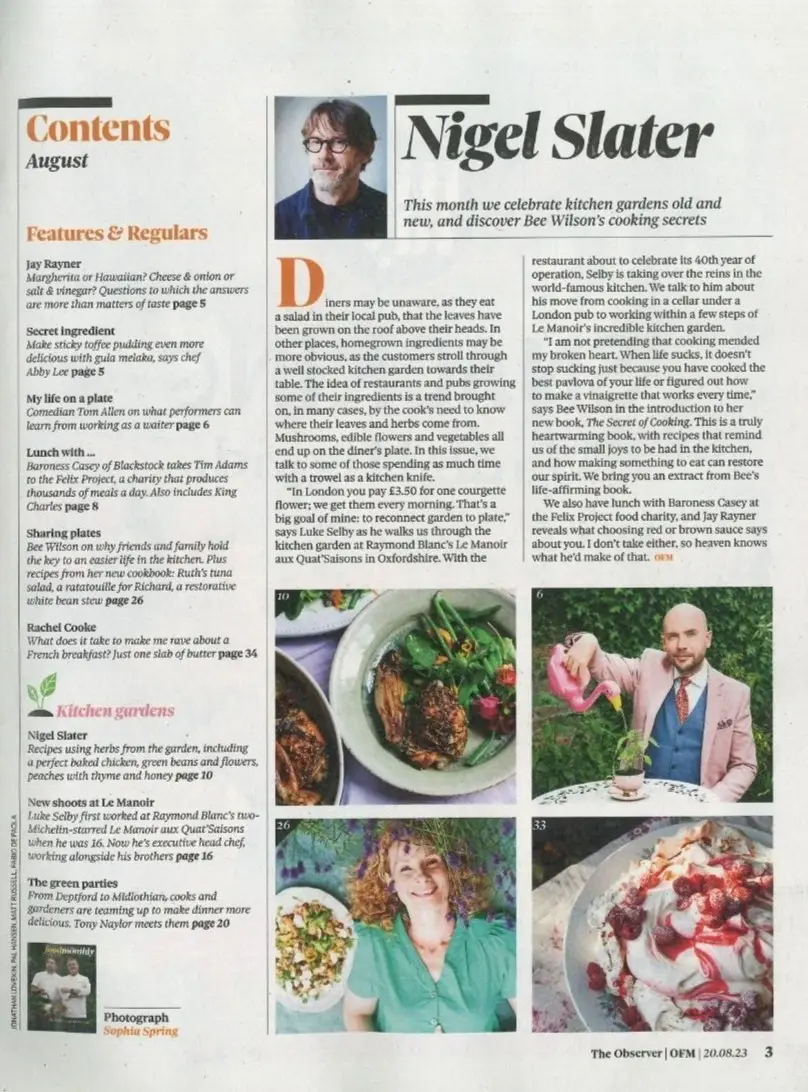 Observer Magazine Food Monthly, Bee Wilson, Rachel Cooke, Recipes, Aug 2023 - image 2 | Free standard UK delivery included | Discount Quality Products
