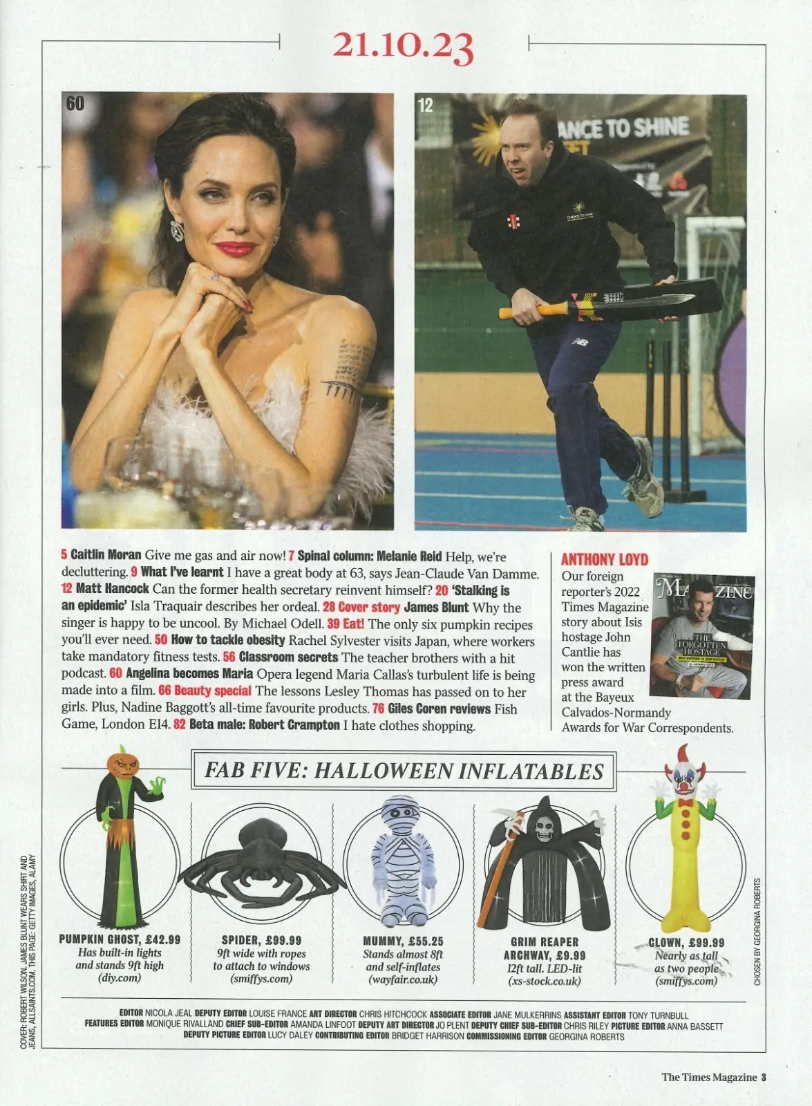 Times Magazine: James Blunt, Jean-Claude, Angelina Jolie, Matt Hancock, 21.10.23 - image 2 | Free standard UK delivery included | Discount Quality Products