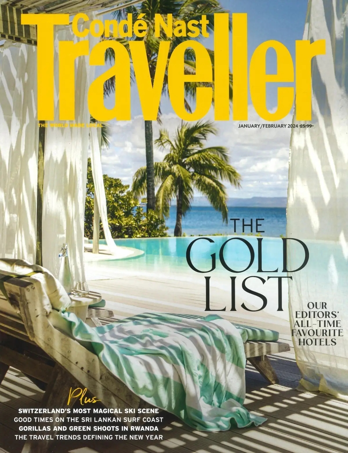 Conde Nast Traveller Magazine: Gold List, Switzerland, Sri Lanka, Jan/Feb 2024