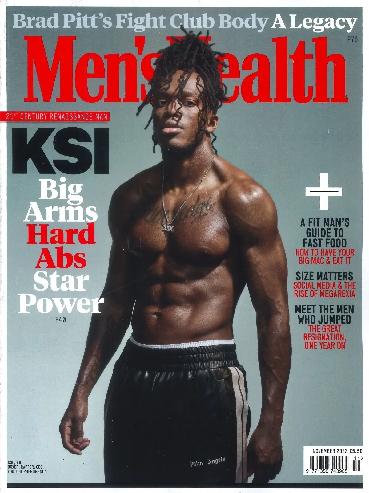 Men's Health Magazine, KSI Olajide, Brad Pitt, Muscle Dysmorphia, November 2022