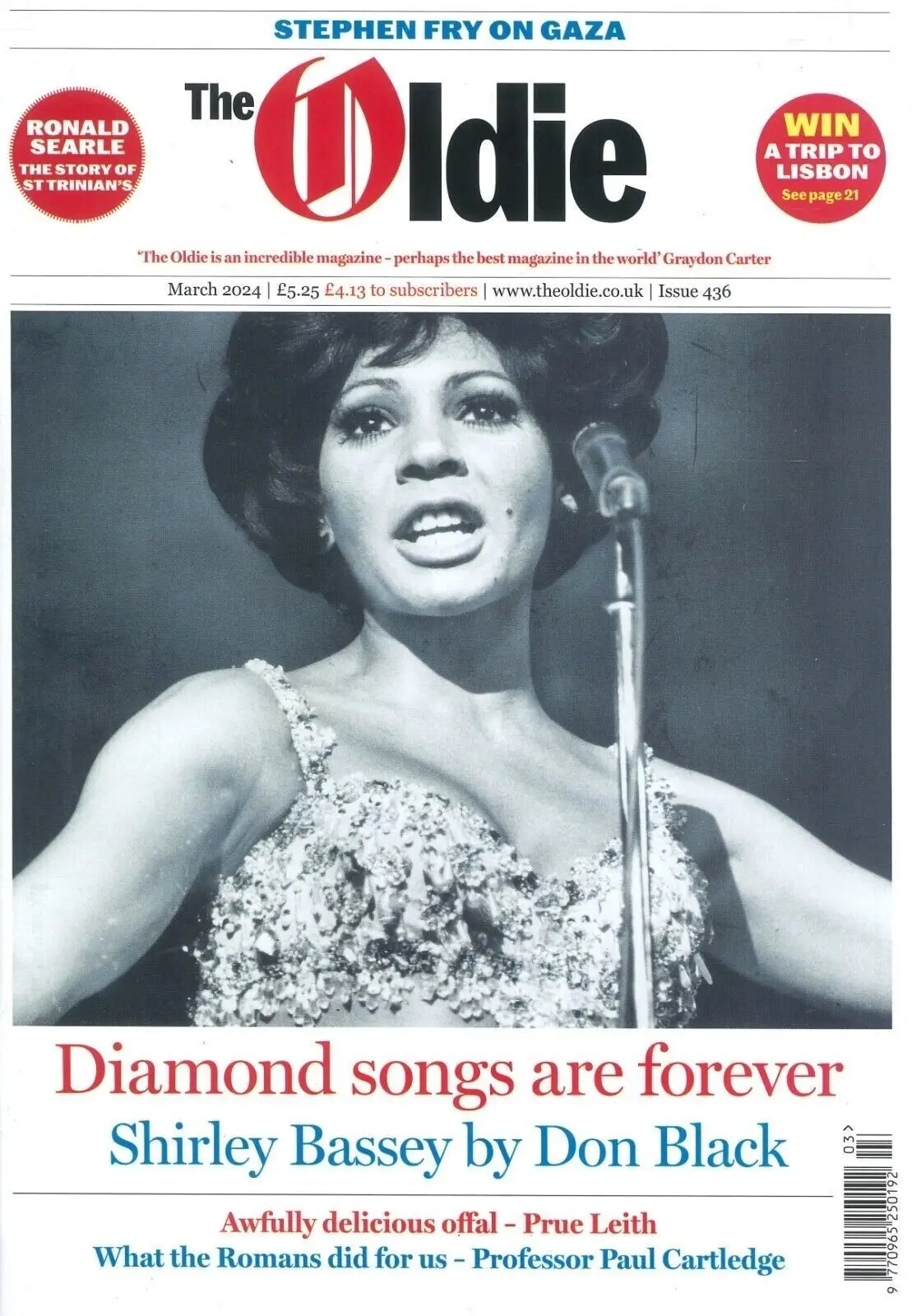 Oldie Magazine: Shirley Bassey, Don Black, Bond, Stephen Fry on Gaza, March 2024