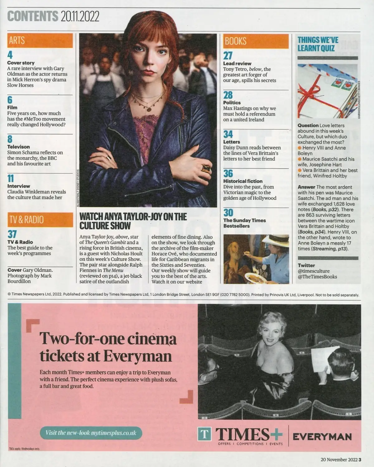 Sunday Times Culture Magazine: Gary Oldman, Anya Taylor-Joy The Menu, 20.11.22 - image 2 | Free standard UK delivery included | Discount Quality Products