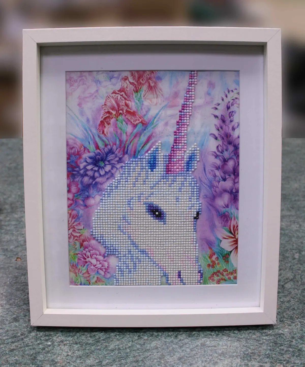 1x White Framed Canvas Unicorn Flower Bead Wall Art Picture Portrait Home Decor