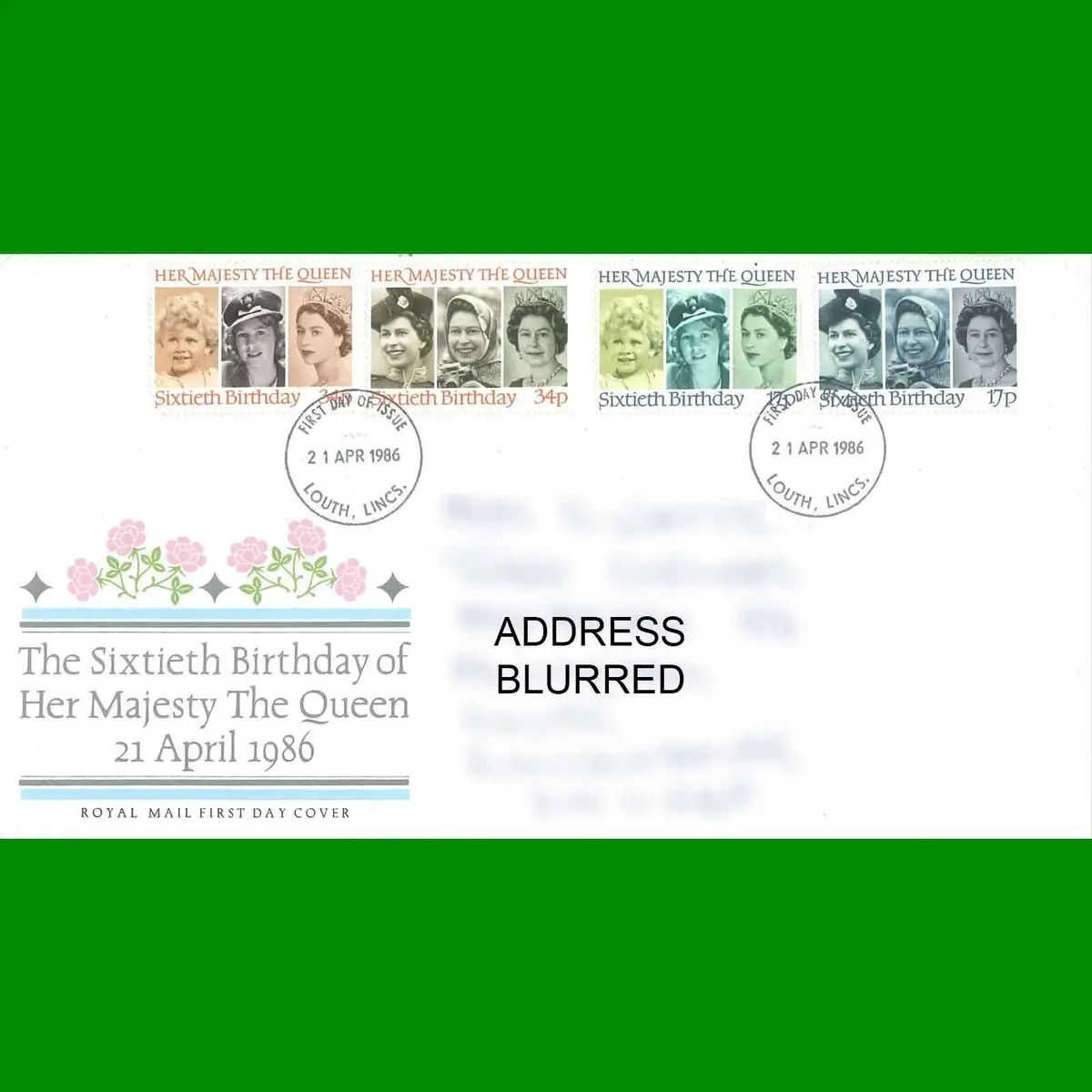 FDC Queen Elizabeth 60th Birthday Royal Mail First Day Cover Stamps, 21.4.1986