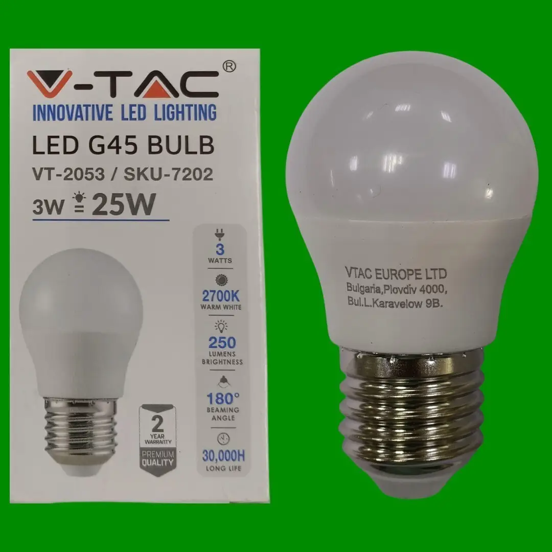1x 3W (=25W) V-TAC LED Golf G45 Round 2700K Warm White Light Bulb, ES, E27 Lamp