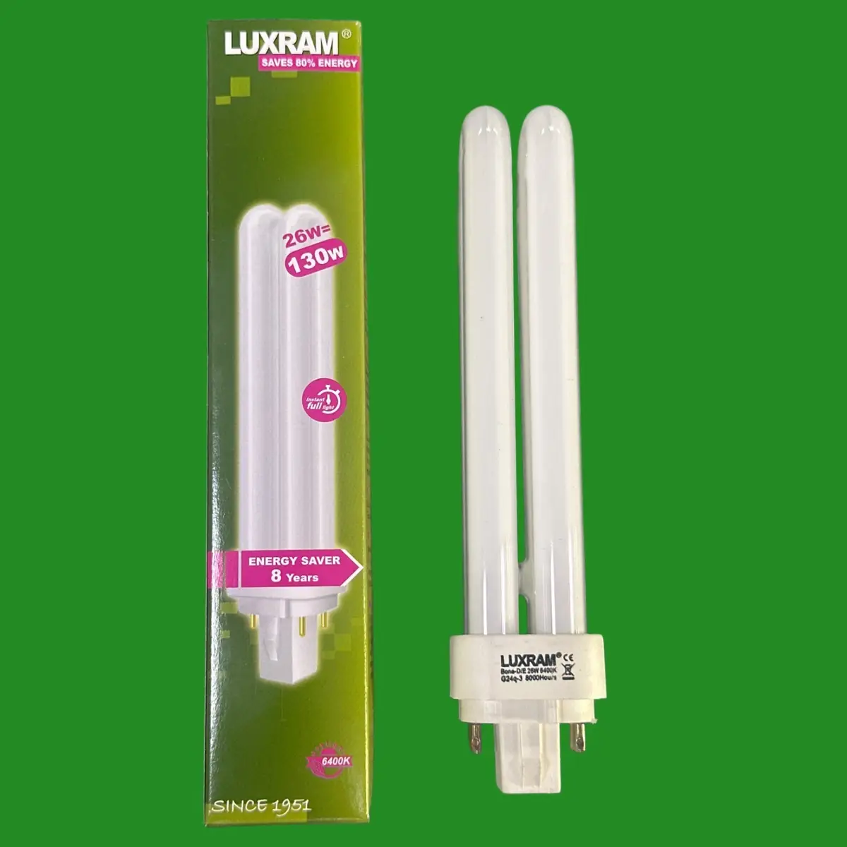 1x 26W Luxram G24q-3 4 pin CFL Light Bulbs 6400K Low Energy PL PLC Daylight Lamp