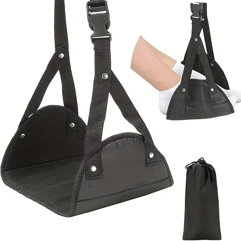 1x Portable Black Nylon Travel Foot Rest Feet, Hanging Adjustable Leg Hammock
