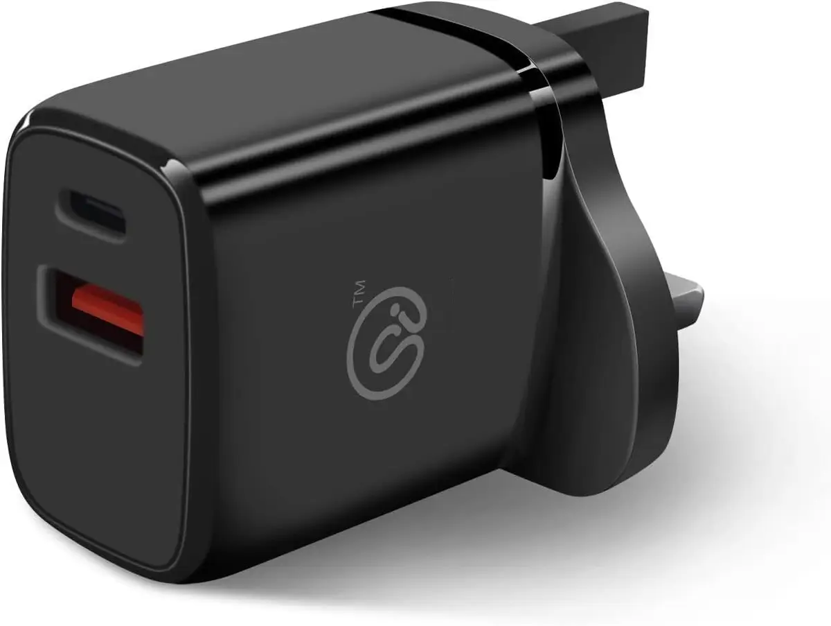 20W USB Type-C &amp; USB Type-A 5V 3.1A Quick Charger, 3 Pin UK Plug Adaptor, Black