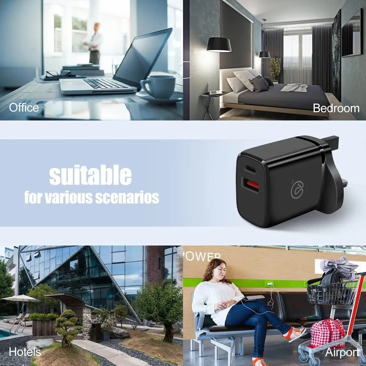 20W USB Type-C & USB Type-A 5V 3.1A Quick Charger, 3 Pin UK Plug Adaptor, Black - image 2 | Free standard UK delivery included | Discount Quality Products