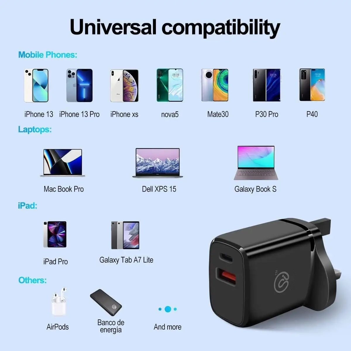 20W USB Type-C & USB Type-A 5V 3.1A Quick Charger, 3 Pin UK Plug Adaptor, Black - image 3 | Free standard UK delivery included | Discount Quality Products