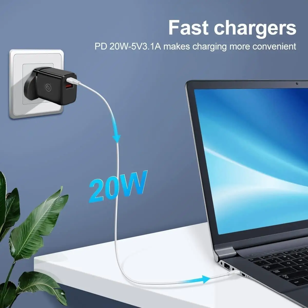20W USB Type-C & USB Type-A 5V 3.1A Quick Charger, 3 Pin UK Plug Adaptor, Black - image 4 | Free standard UK delivery included | Discount Quality Products