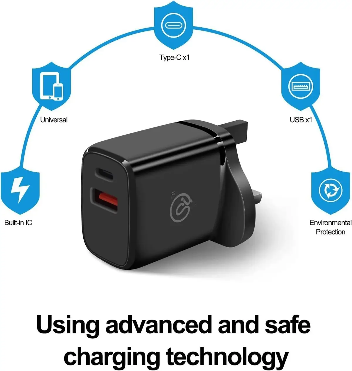 20W USB Type-C & USB Type-A 5V 3.1A Quick Charger, 3 Pin UK Plug Adaptor, Black - image 5 | Free standard UK delivery included | Discount Quality Products