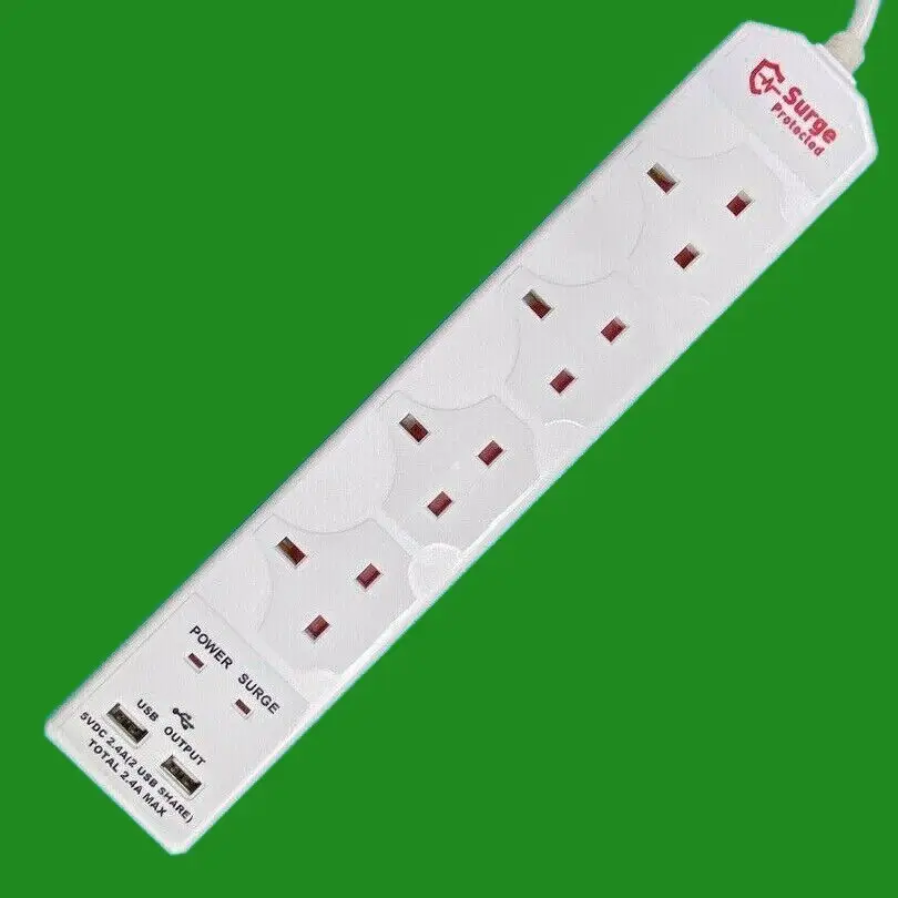 4 Gang Surge Protected Extension Lead with Dual USB Ports &amp; Neon Light, 2m Cable