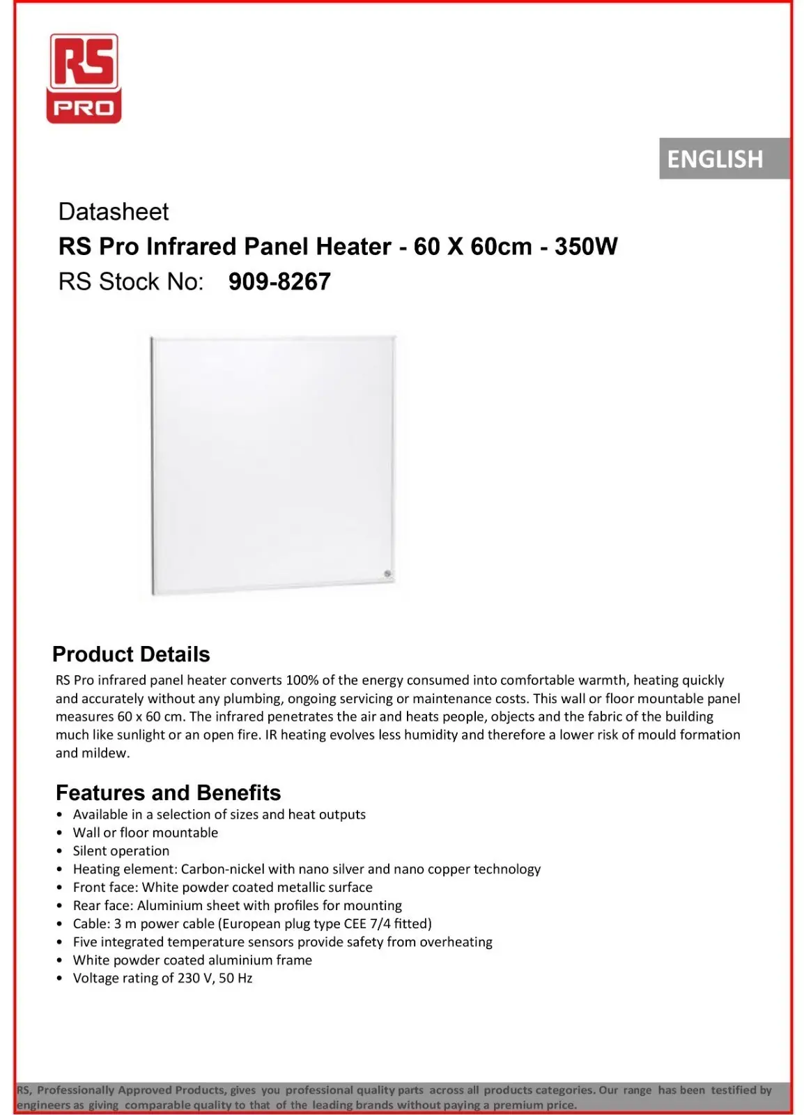 RS Pro Infrared Panel Heater 350W 60x60cm Floor or Wall Mounted Type C Euro Plug - image 4 | Free standard UK delivery included | Discount Quality Products