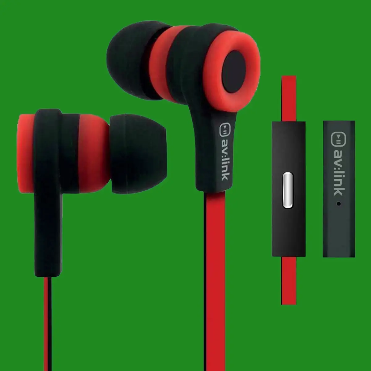 AV Link Stereo Earphones With Hands Free Mic Rubberised Red &amp; Black iOS Android