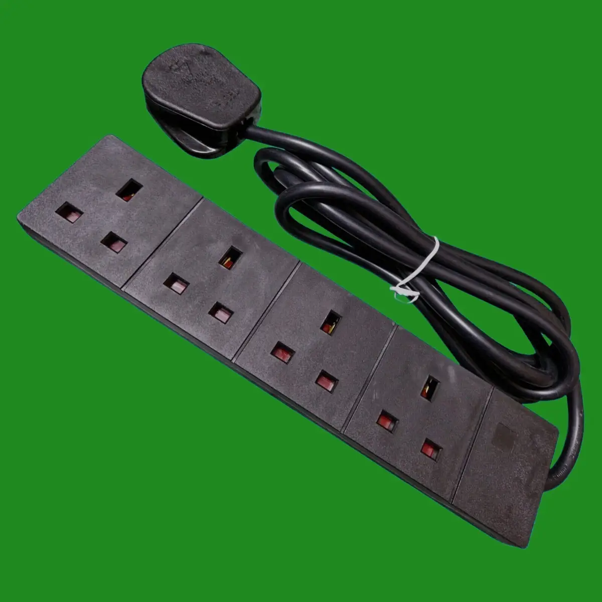 1x Matt Black 4 Gang 2m Multi-outlet Mains Extension Socket Lead 13A UK Plug