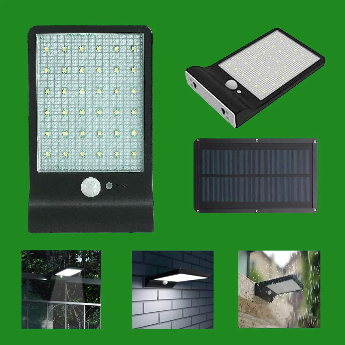 4x 36 LED 2.5W Black Solar Power PIR Motion Sensor IP44 Garden, Security Light
