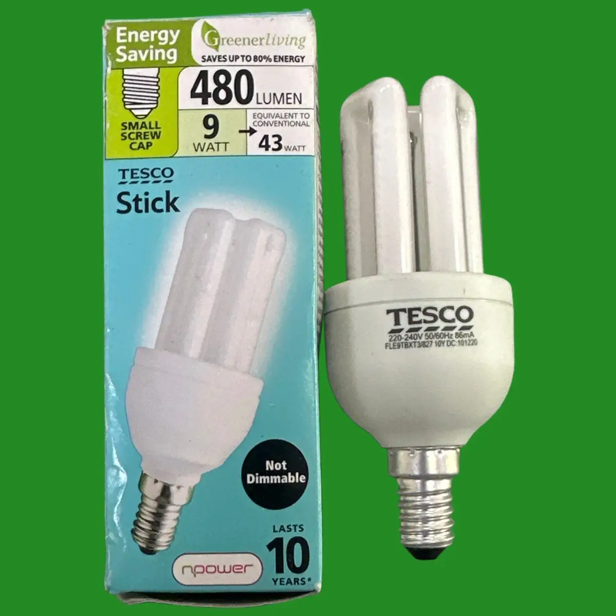 2x 9W (=43W) Low Energy Power Saving CFL Stick Light Bulbs SES E14 Small Screw