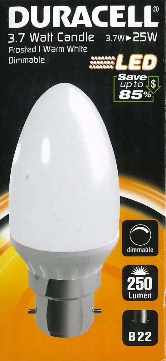 3x 3.7W Dimmable Duracell LED Frosted Candle Instant On Light Bulb BC B22 Lamp