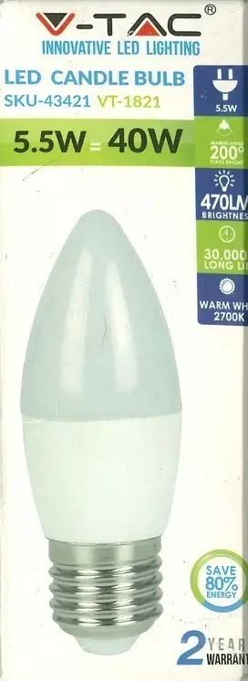 5.5W (=40W) V-TAC LED Candle Light Bulb, Instant On, Pearl Candle, ES, E27 Lamp