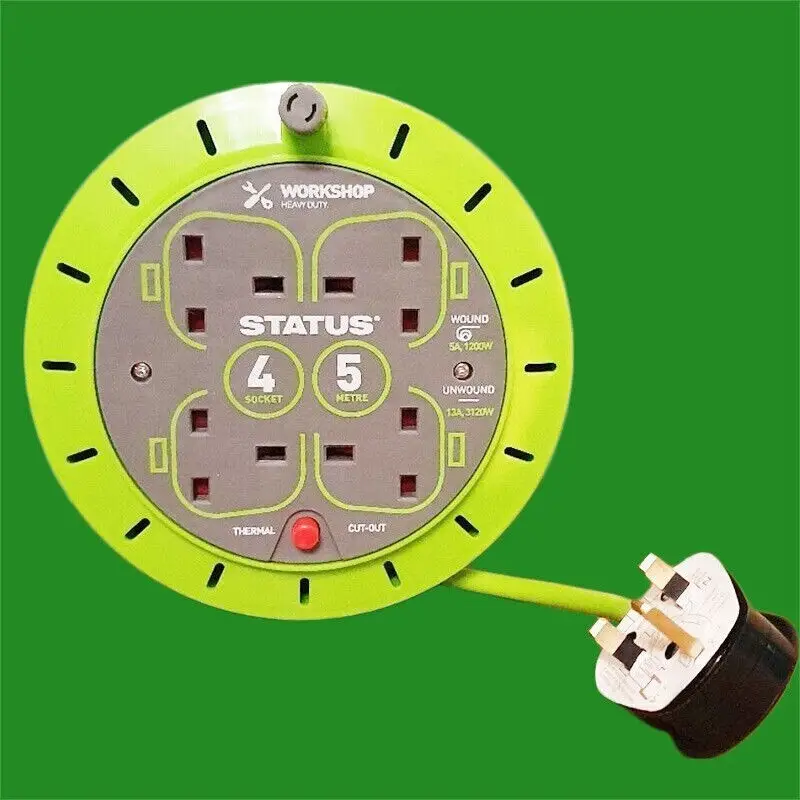 Heavy Duty 4 Gang 5m Extension Lead Reel 13a UK Plug Socket With Thermal Out