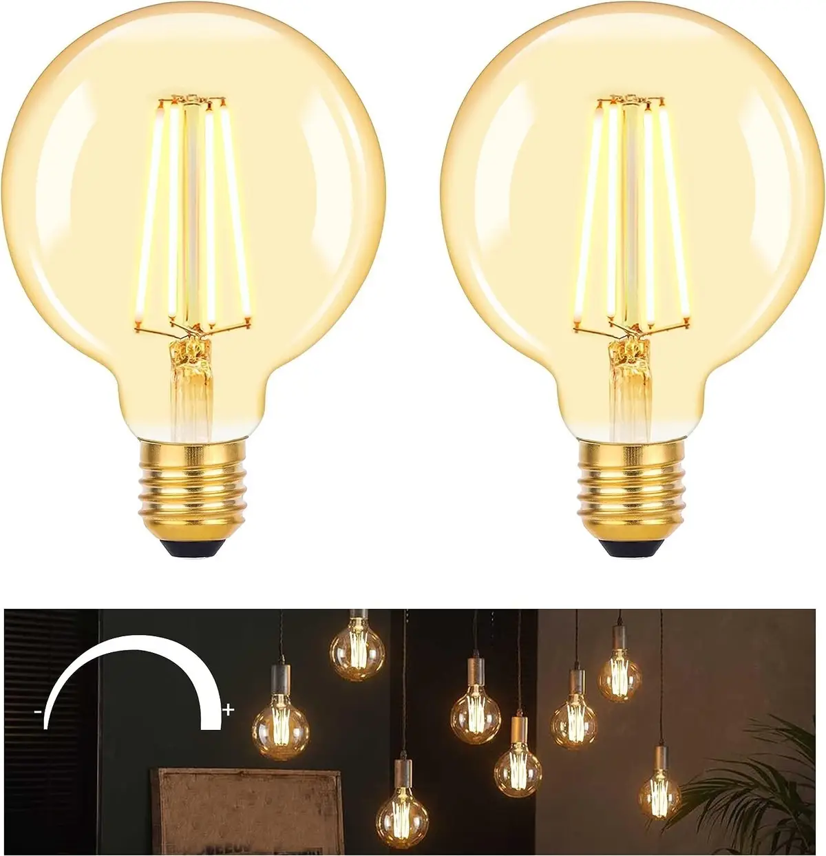 2x 6W Dimmable Vintage G95 Gold LED Filament, ES E27, 2700K, Light Bulb, Lamp