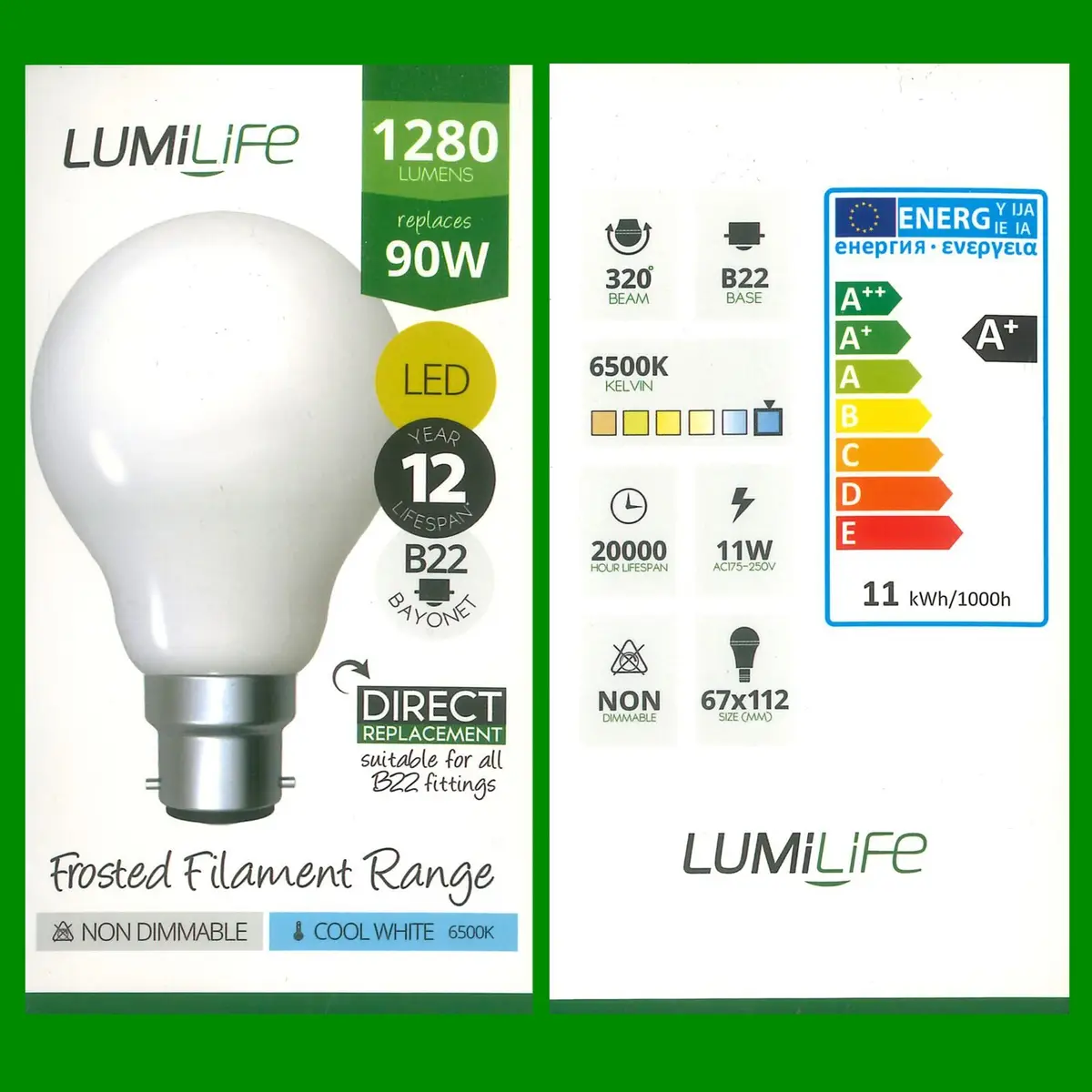 4x 11W (=90W) LED Frosted GLS A67 Light Bulb BC B22 6500K 1280lm Energy Saving - image 3 | Free standard UK delivery included | Discount Quality Products