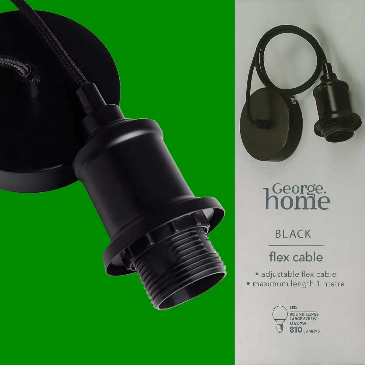 1x Black Adjustable 1 Metre Ceiling Light Flex Cable Pendant Holder, LED, ES E27