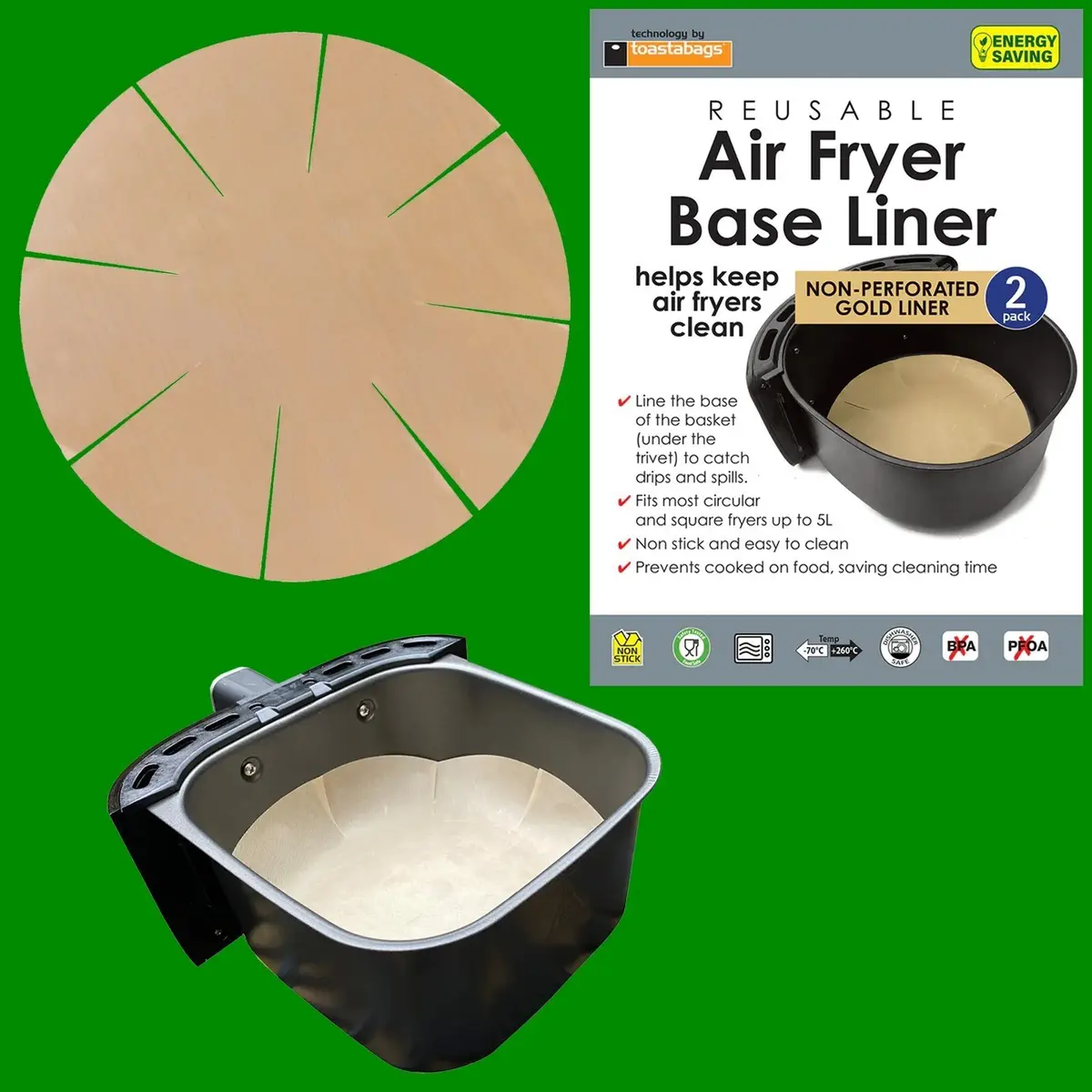 2x Reusable Non-Stick Round Non-Perforated Gold Air Fryer Base Liner, Up to 5L