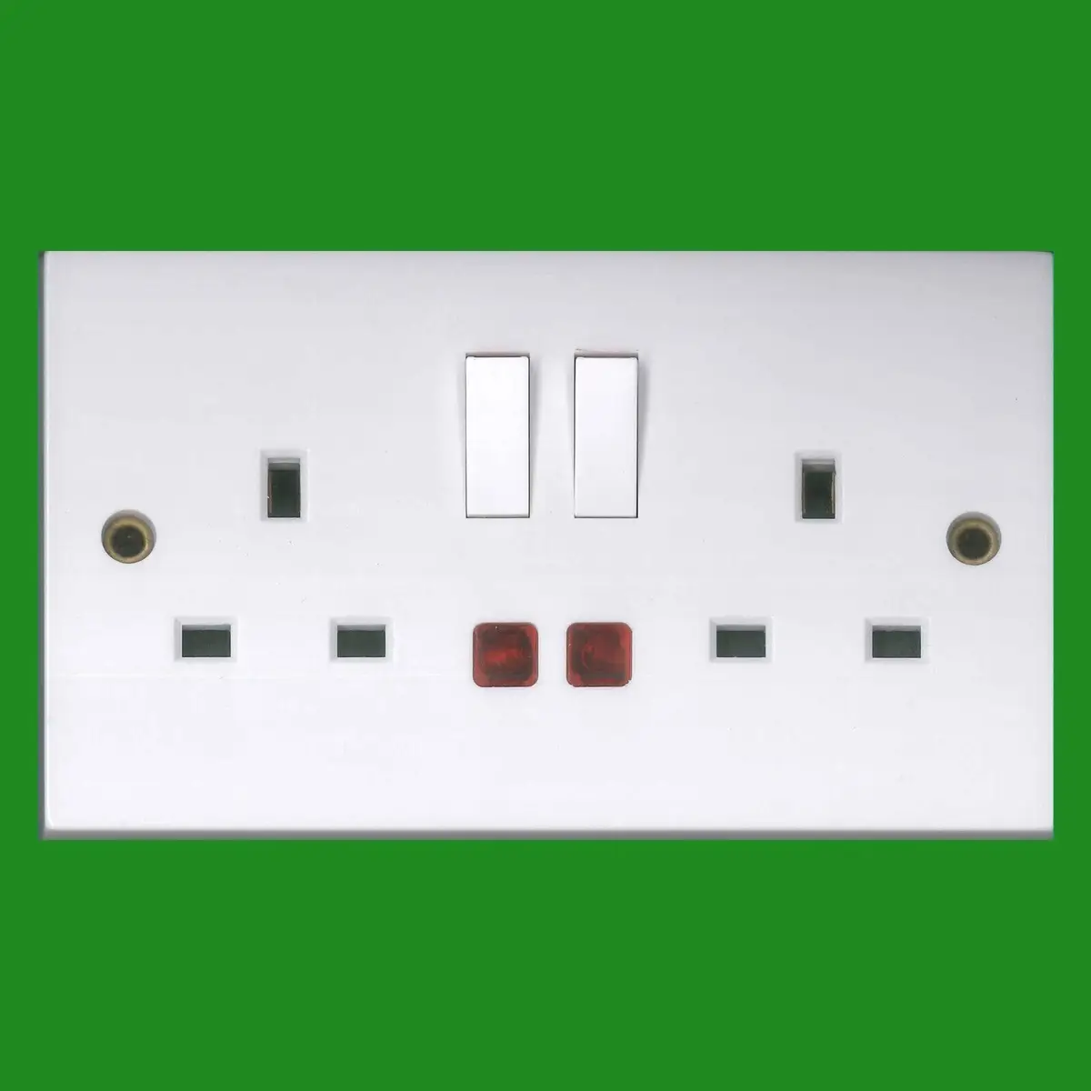 1x 2 Gang 13A Double Pole Switched Socket With Neon Lights, UK Mains 3 Pin Plug