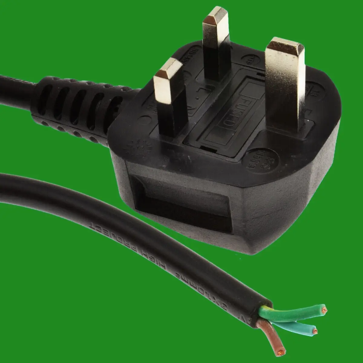 3m 13A UK Plug to 0.75mm Cable Stripped Bare Wired Ends Integral 5A Fuse, Black