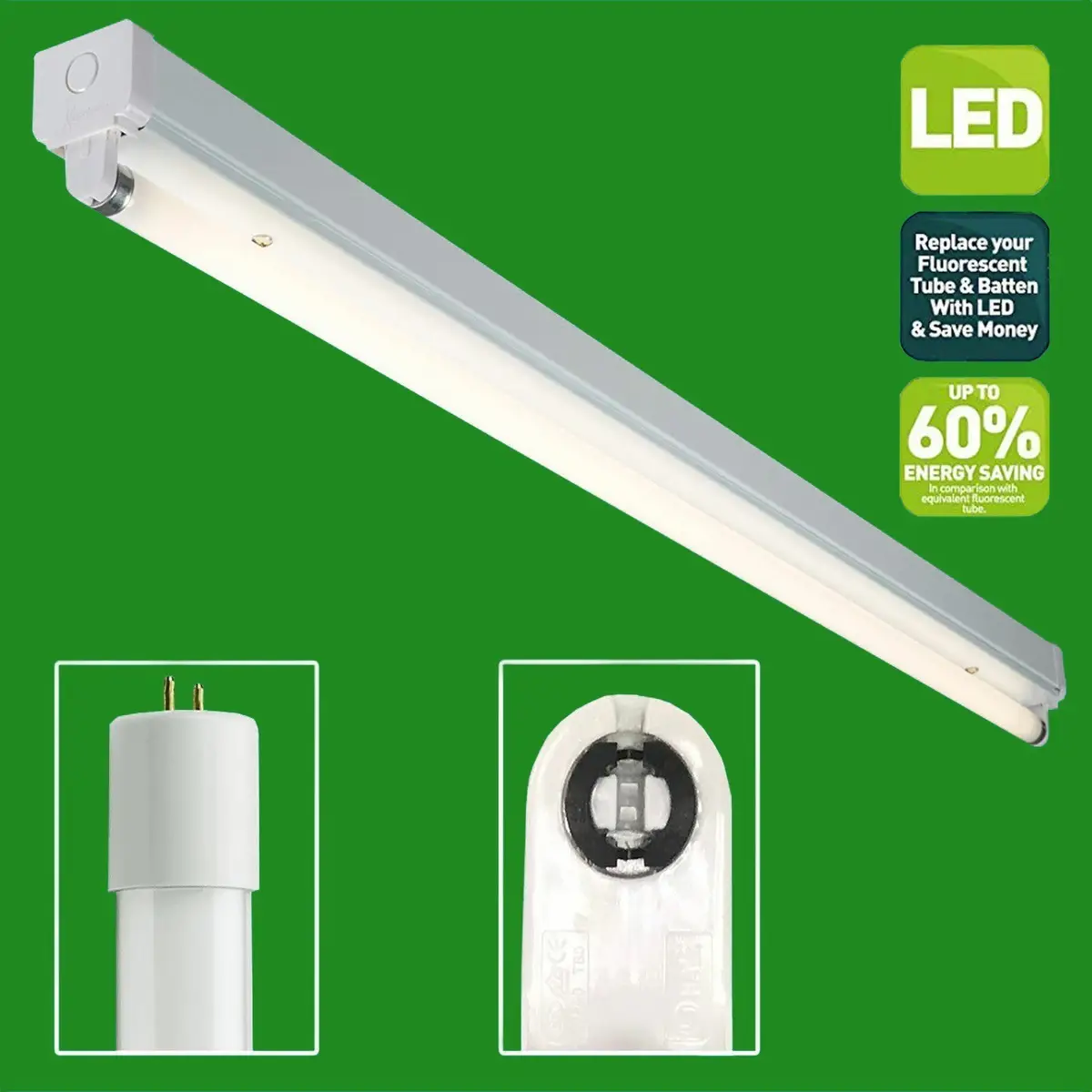 2x 9W (=18W) T8 4000K Cool White 2ft 600mm LED Tube With Batten Included 750lm