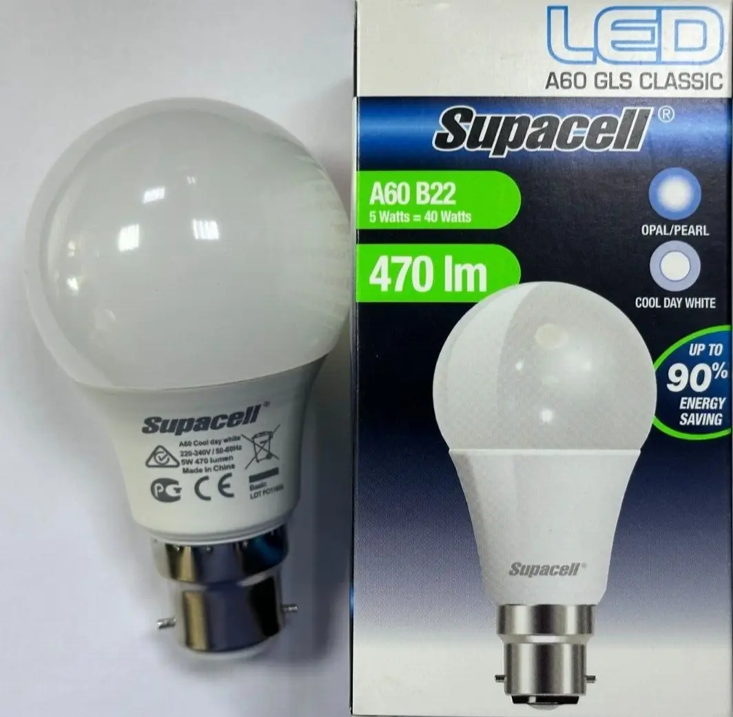 4x 5W (=40W) Pearl GLS BC B22 A60 LED Light Bulbs, 6500K Daylight White Lamp