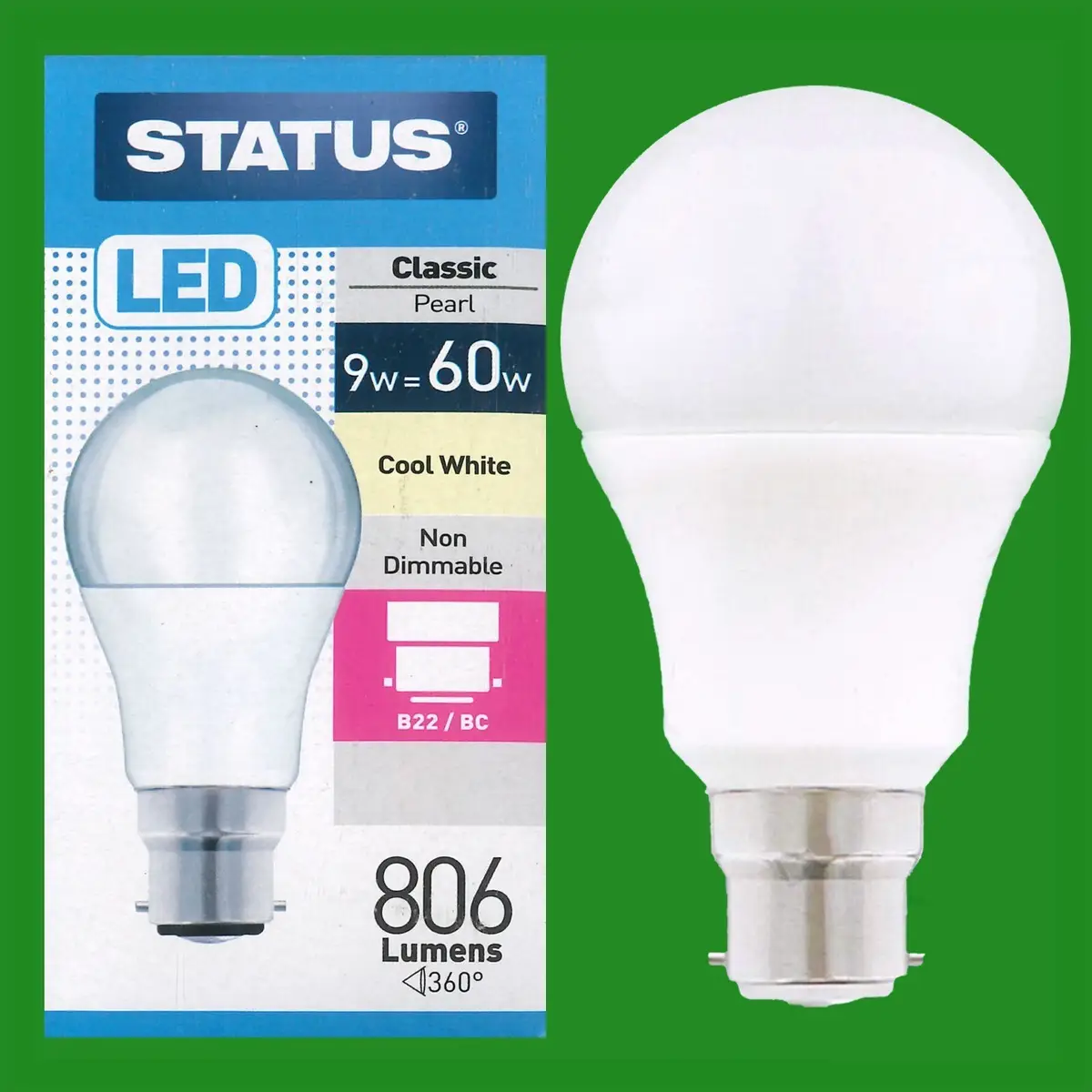 2x 9W (=60W) LED GLS Cool Light Bayonet Cap BC B22 Light Bulb Lamp, 4000K, 806lm