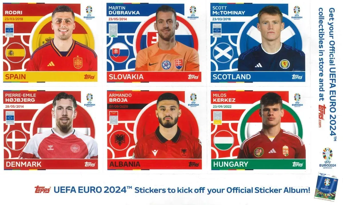 Topps Sheet of 6 Stickers, Football, Soccer, UEFA EURO 2024, Rodri, McTominay - Free standard UK delivery included | Discount Quality Products