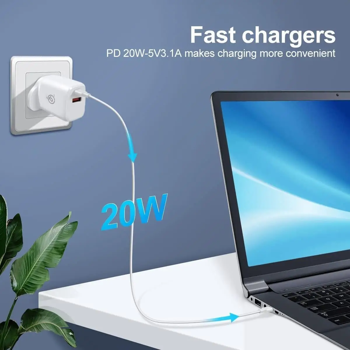 20W USB Type-C & USB Type-A 5V 3.1A Quick Charger, 3 Pin UK Plug Adaptor, White - image 2 | Free standard UK delivery included | Discount Quality Products