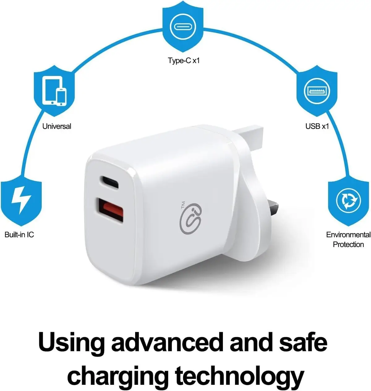 20W USB Type-C & USB Type-A 5V 3.1A Quick Charger, 3 Pin UK Plug Adaptor, White - image 3 | Free standard UK delivery included | Discount Quality Products