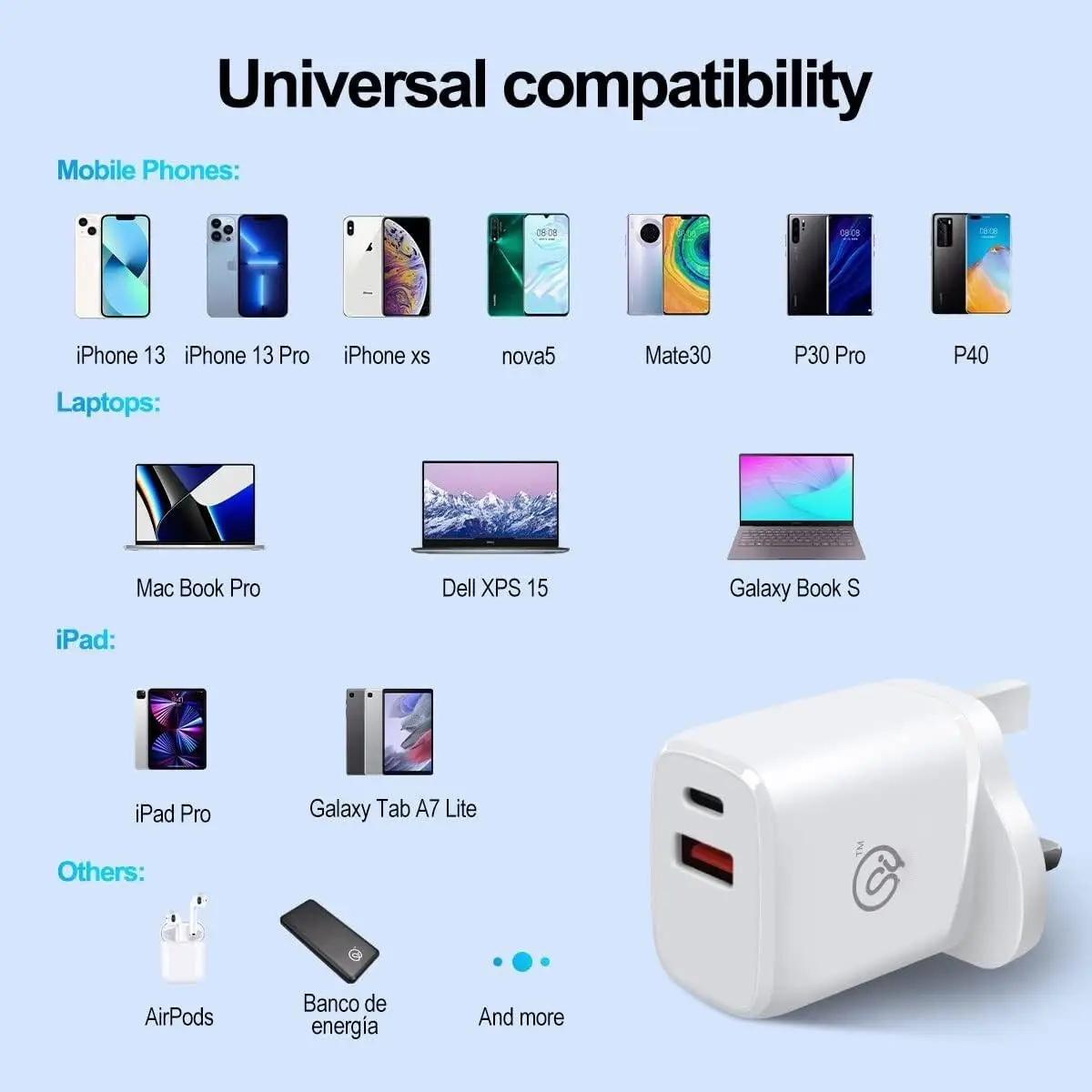 20W USB Type-C & USB Type-A 5V 3.1A Quick Charger, 3 Pin UK Plug Adaptor, White - image 5 | Free standard UK delivery included | Discount Quality Products