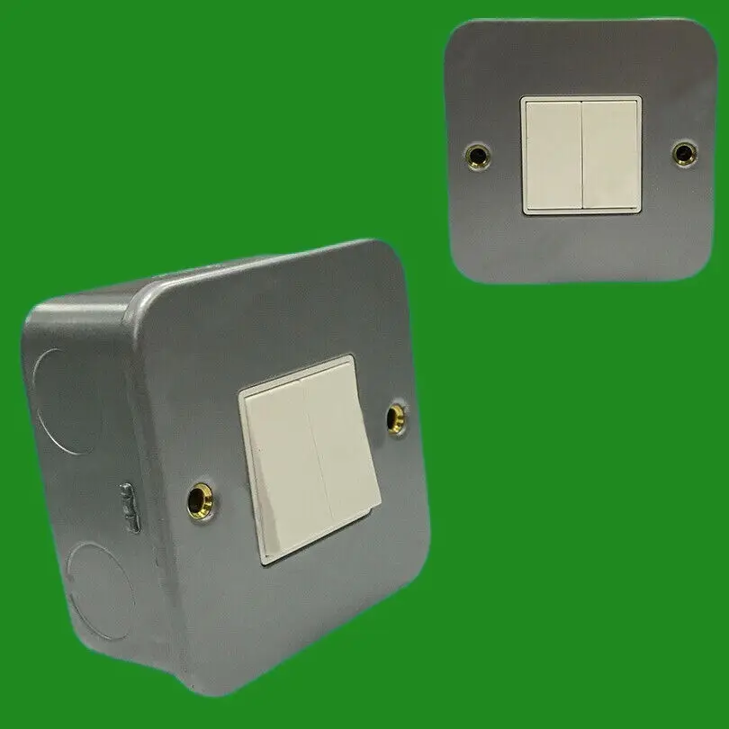 Double (2) Switch 2 Gang 2 Way 10AX Metal Clad Wall Mains Light Switch, Back Box