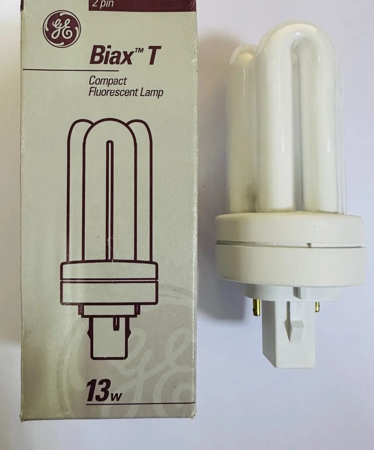 2x GE 13W GX24D-1 2 Pin CFL Low Energy PL-T Light Bulb 827 2700K Warm White Lamp