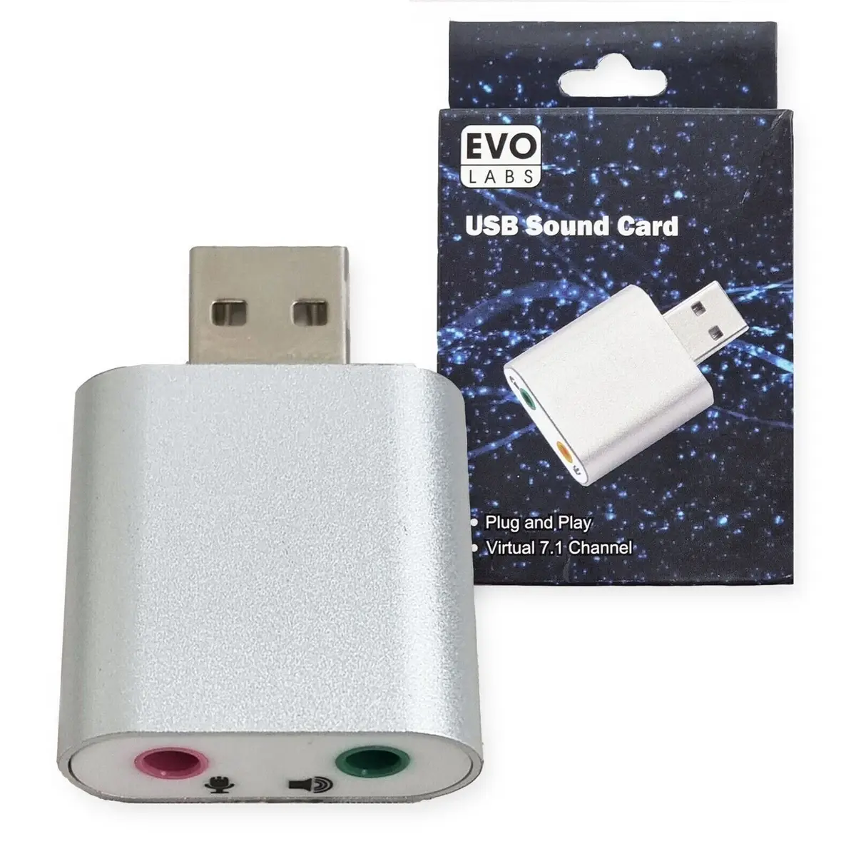 Evo Labs Plug &amp; Play Virtual 7.1 Channel USB Sound Card Windows, Mac OS, Linux